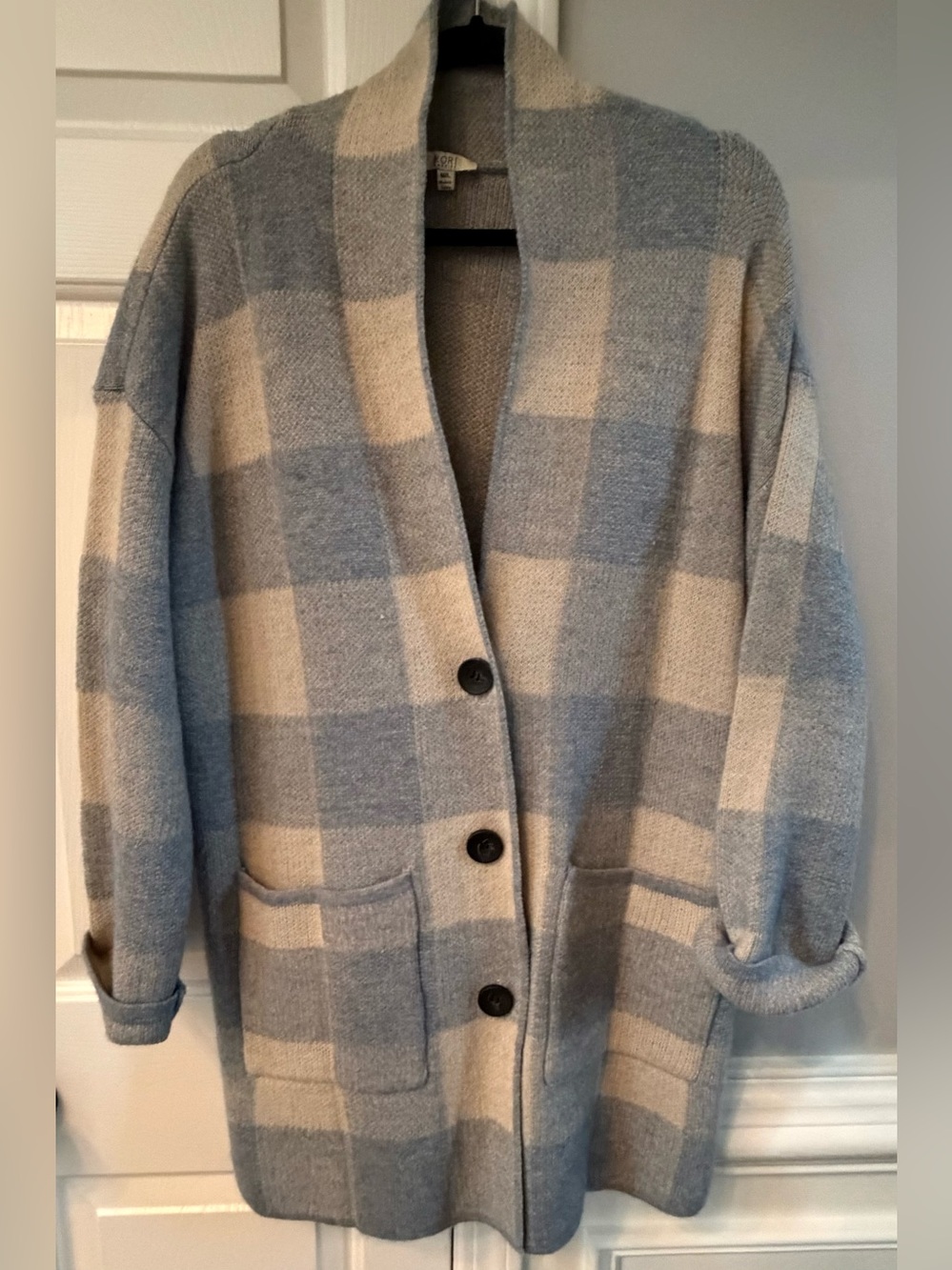 KORI Blue & Cream Checkered Oversized Cardigan Sweater